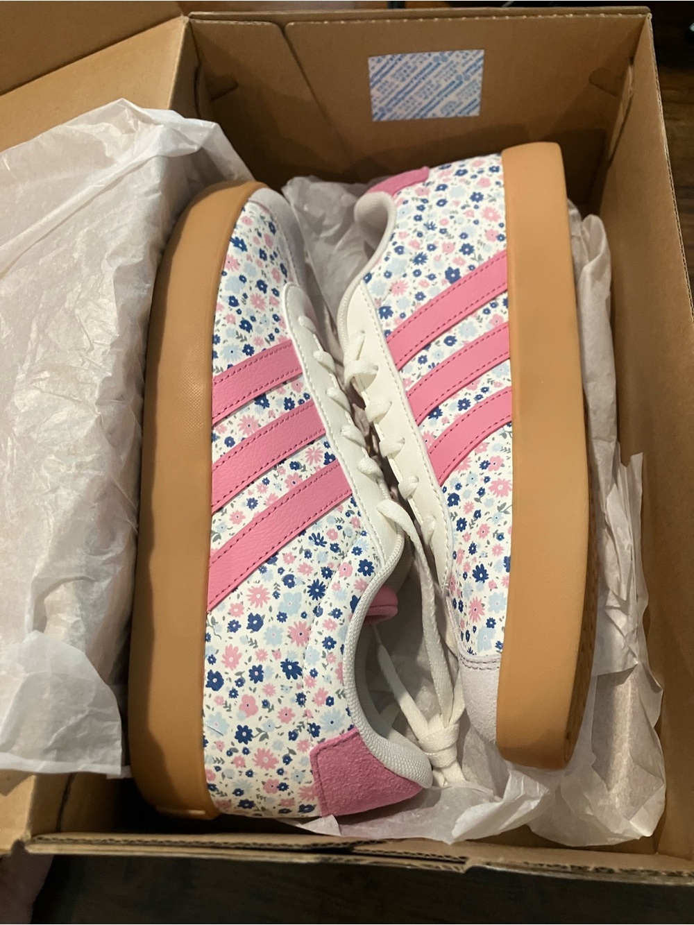 Kids Floral Pink Stripe Adidas VL Court Sneakers Sz 5.5 y / 6.5 women